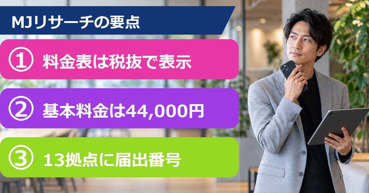 MJリサーチの料金は税抜表示に注意!13拠点の届出番号と3つのパック