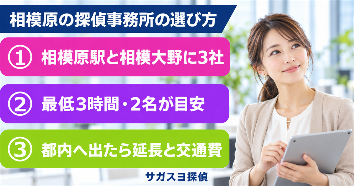 相模原の探偵事務所3社【相模原駅と相模大野・都内まで追う費用】